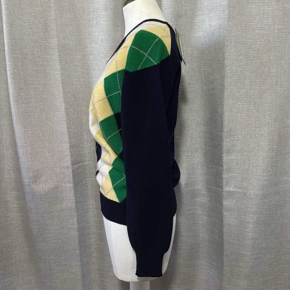 NWT Vintage Cashmere V-Neck Sweater-Wmns Euro 38-Navy Yellow Green Argyle Print - Picture 8 of 16